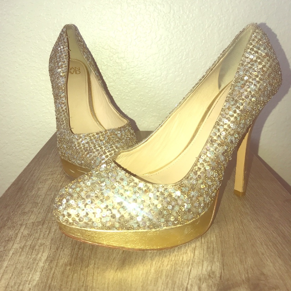 Joan & David • Gold • Sequin Covered Pumps